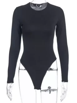 Body Abricot Léger Manches Longues Passepoil Stretch Encolure Crantée Sexy Top En Coton Pour Les Femmes