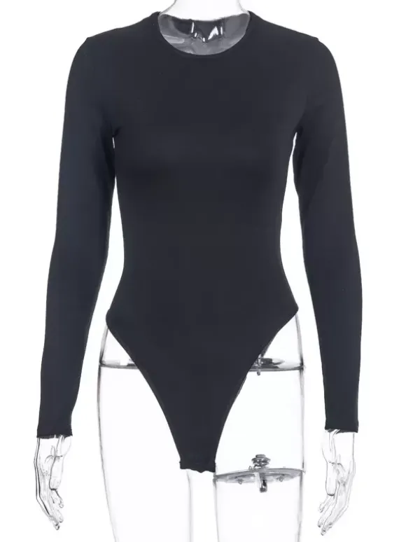 Body Abricot Léger Manches Longues Passepoil Stretch Encolure Crantée Sexy Top En Coton Pour Les Femmes