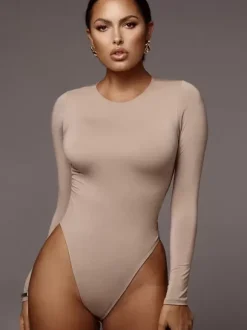 Body Abricot Léger Manches Longues Passepoil Stretch Encolure Crantée Sexy Top En Coton Pour Les Femmes
