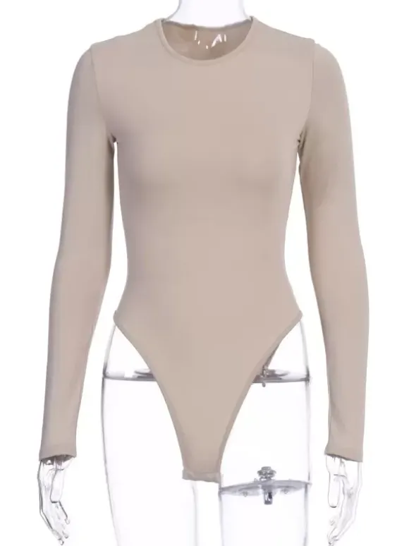 Body Abricot Léger Manches Longues Passepoil Stretch Encolure Crantée Sexy Top En Coton Pour Les Femmes