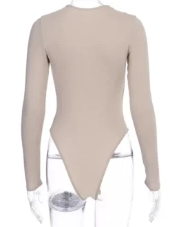Body Abricot Léger Manches Longues Passepoil Stretch Encolure Crantée Sexy Top En Coton Pour Les Femmes