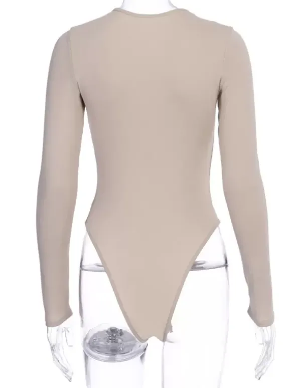 Body Abricot Léger Manches Longues Passepoil Stretch Encolure Crantée Sexy Top En Coton Pour Les Femmes