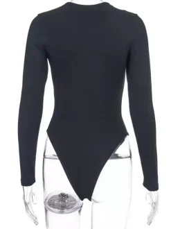 Body Abricot Léger Manches Longues Passepoil Stretch Encolure Crantée Sexy Top En Coton Pour Les Femmes