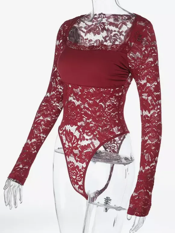 Body en dentelle transparente pour femme - Haut de justaucorps sexy à manches longues et coupe ajustée - Soirée printanière 2026