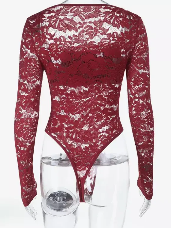 Body en dentelle transparente pour femme - Haut de justaucorps sexy à manches longues et coupe ajustée - Soirée printanière 2026