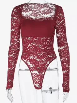 Body en dentelle transparente pour femme - Haut de justaucorps sexy à manches longues et coupe ajustée - Soirée printanière 2026