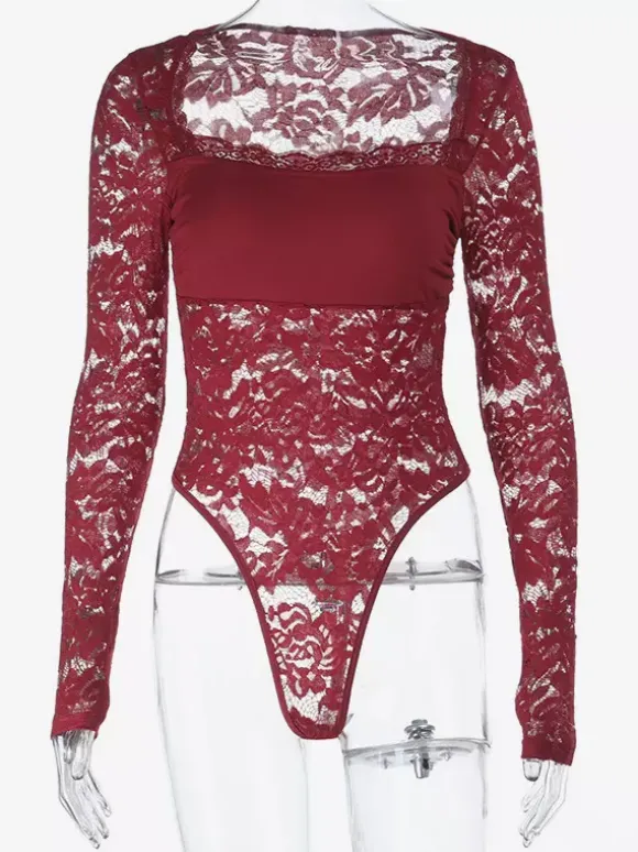 Body en dentelle transparente pour femme - Haut de justaucorps sexy à manches longues et coupe ajustée - Soirée printanière 2026