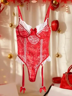 Body en lingerie avec n艙uds bicolores noir et rouge bordure blanche contrastante et jarretières