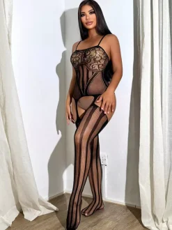 Body en nylon rayé jacquard rouge lingerie sans entrejambe collants et bas.