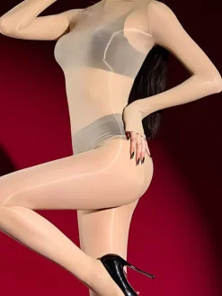 Body intégral transparent brillant à manches longues
