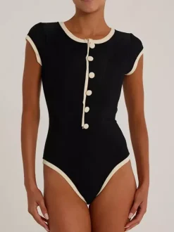 Body à manches courtes noir à col rond et boutons haut de sport pour femme
