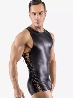 Body sans manches en similicuir pour homme laçage latéral style teddy