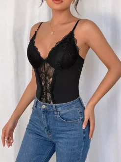 Body sans manches noir dos nu à bretelles fines haut sexy pour femme