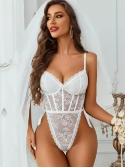 Body sexy en dentelle florale blanche transparente pour femme