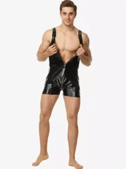 Body short à bretelles en similicuir pour homme fermeture éclair sur le devant style teddy