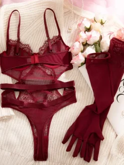 Body Teddy bordeaux en dentelle transparente et résille ajourée avec gants