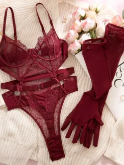Body Teddy bordeaux en dentelle transparente et résille ajourée avec gants