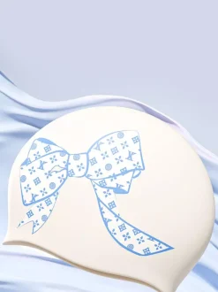 Bonnet de bain en silicone extensible imperméable à motif n艙ud papillon grande taille pour femmes aux cheveux longs