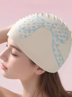 Bonnet de bain en silicone extensible imperméable à motif n艙ud papillon grande taille pour femmes aux cheveux longs