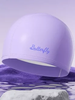 Bonnet de bain imperméable en PU couleur unie avec inscription papillon pour cheveux longs