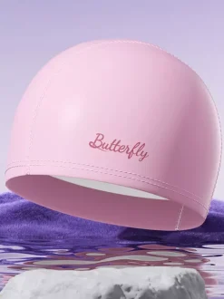 Bonnet de bain imperméable en PU couleur unie avec inscription papillon pour cheveux longs