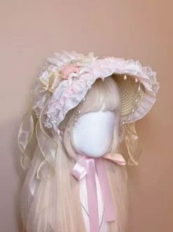 Bonnet Lolita accessoire de coiffure bandeau à fleurs rose clair chapeau