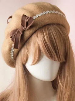 Bonnet Lolita Doux Noeud Laine Pom Pom Lolita Déguisements Halloween
