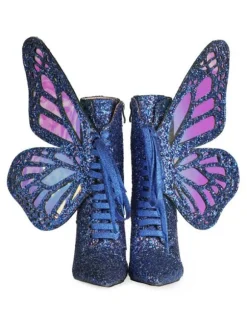 Botines femme bleue pailletes bout pointu talon haut à zip à lacet en forme de papillon ailes amovibles