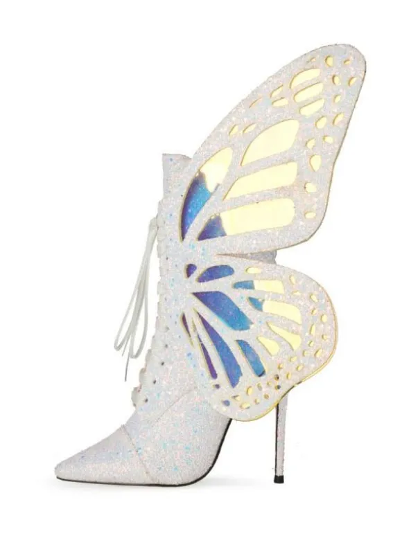 Botines femme bleue pailletes bout pointu talon haut à zip à lacet en forme de papillon ailes amovibles