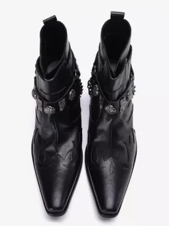 Bottes à bout pointu noires pour hommes talons moyens chaînes décoratives bottines
