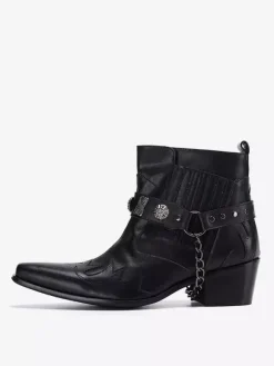 Bottes à bout pointu noires pour hommes talons moyens chaînes décoratives bottines