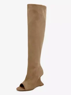 Bottes à talons hauts en daim à bout ouvert cuissardes à talons