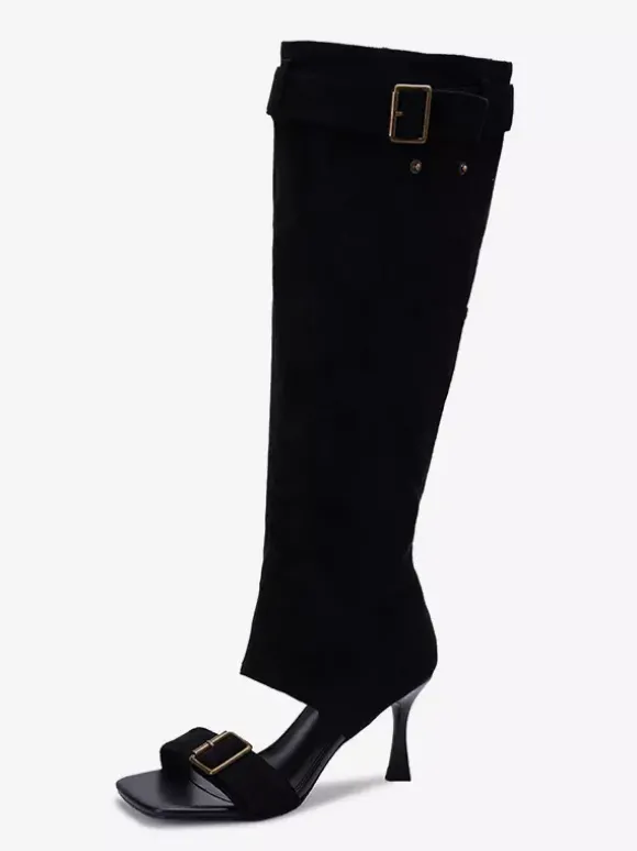Bottes à talons hauts en daim tongs sandales à détails de boucle