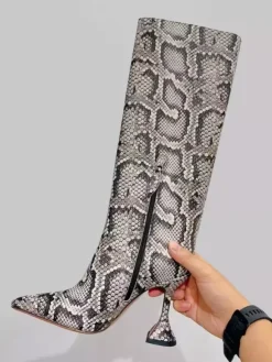 Bottes à talons hauts pour femmes motif serpent jaune bout pointu talon mi-mollet