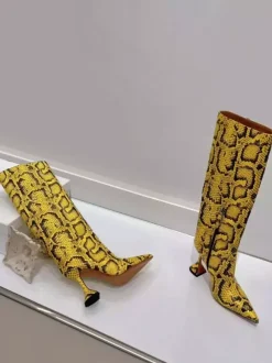 Bottes à talons hauts pour femmes motif serpent jaune bout pointu talon mi-mollet