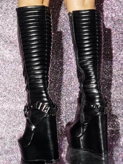 Bottes au genou à talon compensé en cuir PU pour femmes