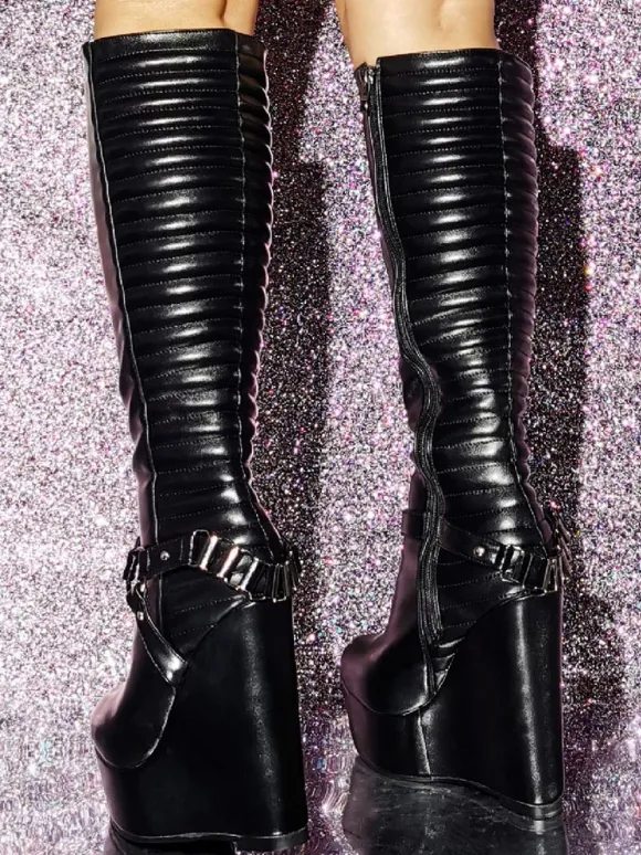 Bottes au genou à talon compensé en cuir PU pour femmes
