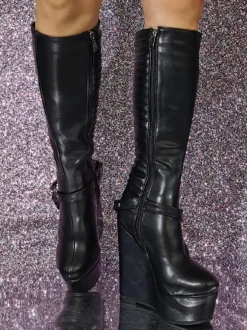 Bottes au genou à talon compensé en cuir PU pour femmes