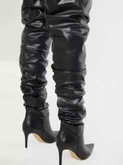 Bottes au Genou à Talons Hauts avec Bout Pointu en Cuir Synthétique Unicolore