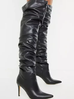 Bottes au Genou à Talons Hauts avec Bout Pointu en Cuir Synthétique Unicolore