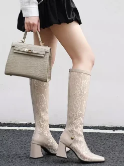 Bottes au Genou Femme à Talons Hauts avec Bout Carré en Cuir Synthétique Imprimés