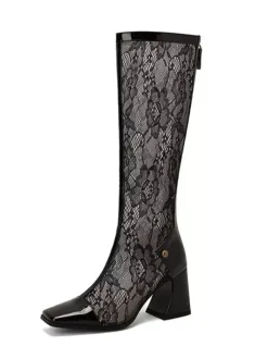 Bottes au Genou Femme à Talons Hauts avec Bout Carré en Cuir Synthétique Imprimés
