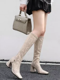 Bottes au Genou Femme à Talons Hauts avec Bout Carré en Cuir Synthétique Imprimés