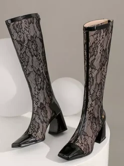 Bottes au Genou Femme à Talons Hauts avec Bout Carré en Cuir Synthétique Imprimés