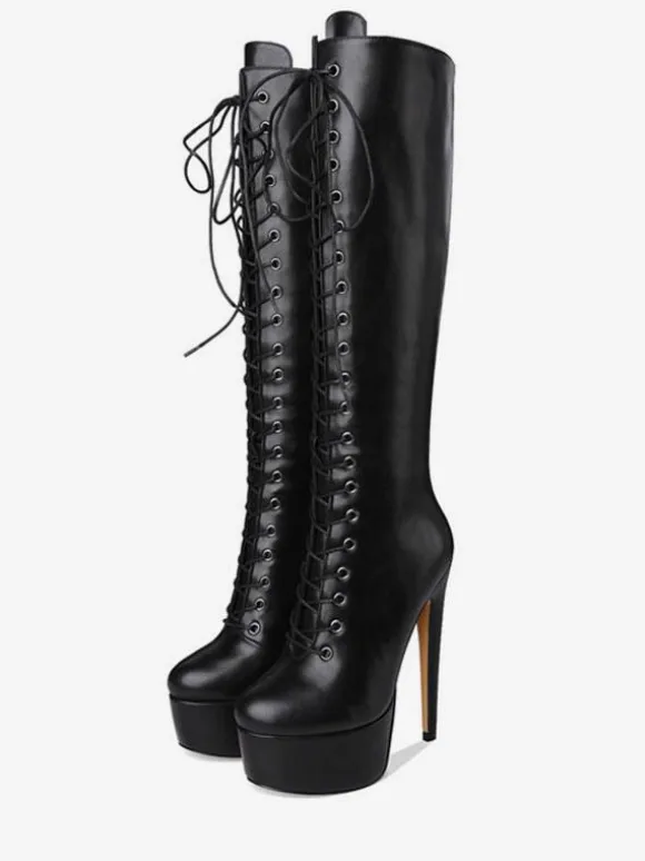 Bottes au genou femmes plateforme bout rond à lacets Bottes à talons