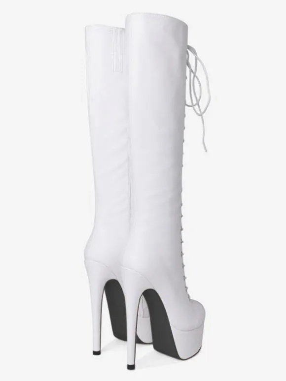 Bottes au genou femmes plateforme bout rond à lacets Bottes à talons
