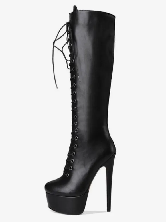 Bottes au genou femmes plateforme bout rond à lacets Bottes à talons
