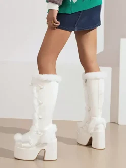 Bottes Au Genou Kaki À Talons Épais Chaussures Compensées Fausse Fourrure Femmes