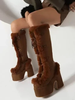 Bottes Au Genou Kaki À Talons Épais Chaussures Compensées Fausse Fourrure Femmes