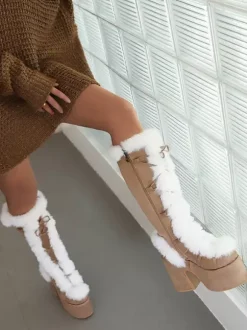 Bottes Au Genou Kaki À Talons Épais Chaussures Compensées Fausse Fourrure Femmes